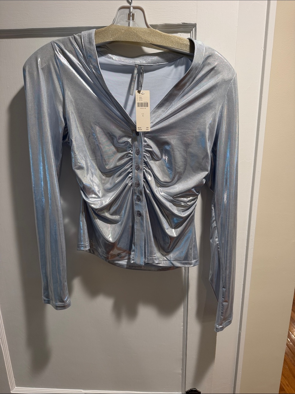 Anthropologie Silver Metallic Ruched Button-Down Top